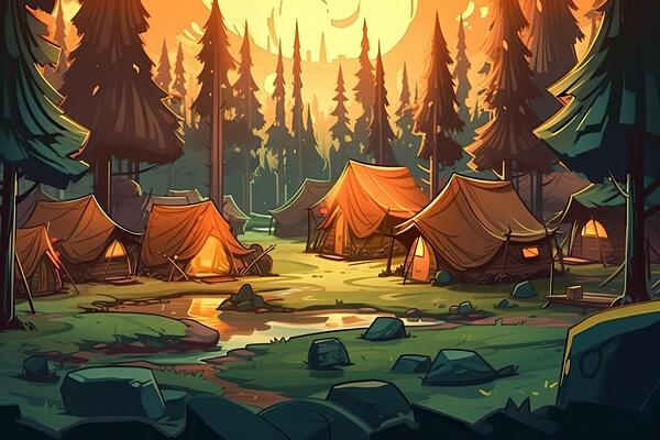 summer-forest-or-mountain-tourist-campground-or-campsite-with-tents-and-fireplace-flat-cartoon-vector-illustration-summer-backpackers-camping-background-generative-ai-photo